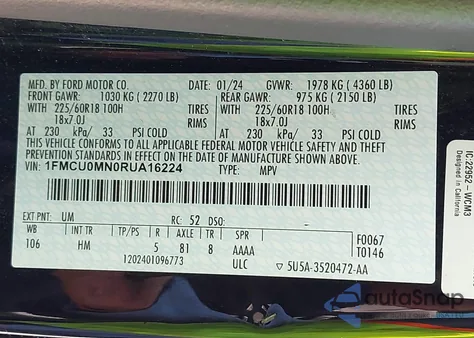 2024 Ford Escape St-Line from USA, damaged, VIN 1FMCU0MN0RUA16224